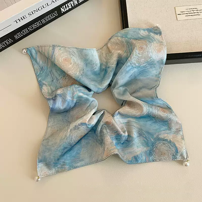 Handmade Silk Scrunchie for Hair,Womens Girls Blue Oil Painting Starry Night Large Intestine Hair Ring Headdress Tie lady Head Rope
