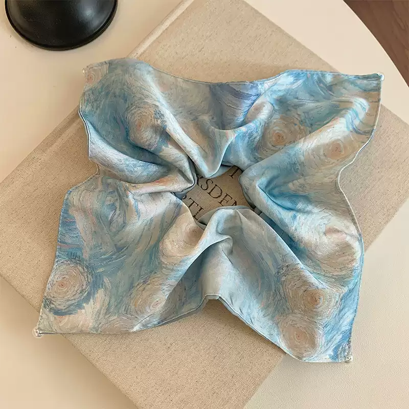 Handmade Silk Scrunchie for Hair,Womens Girls Blue Oil Painting Starry Night Large Intestine Hair Ring Headdress Tie lady Head Rope