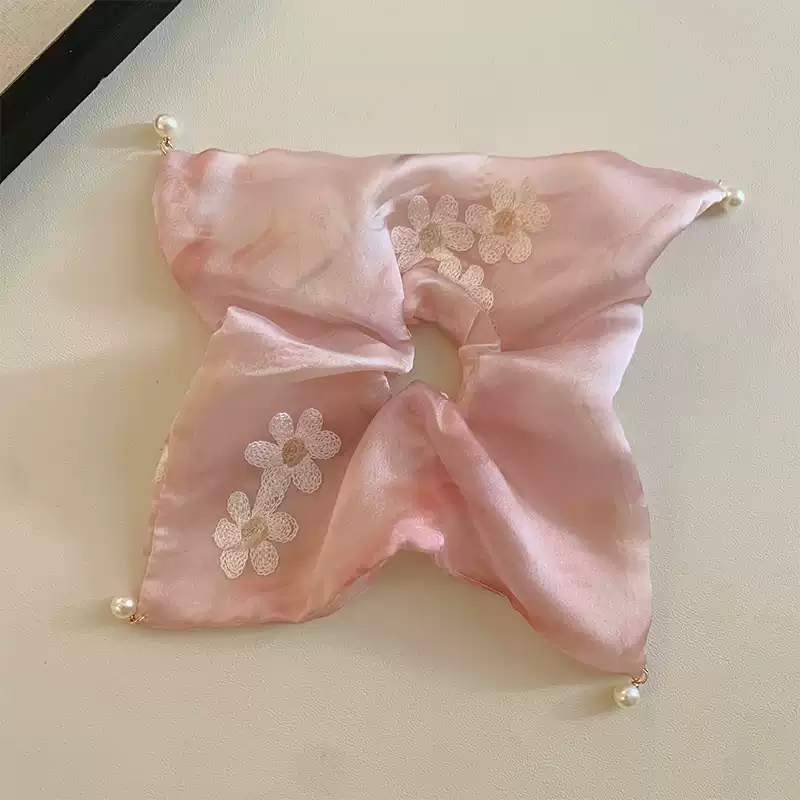 Handmade Silk Scrunchie for Hair,Womens Girls Sweet embroidery flower Large Intestine Hair Ring Headdress Tie lady Head Rope