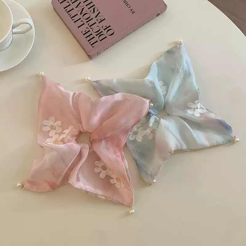 Handmade Silk Scrunchie for Hair,Womens Girls Sweet embroidery flower Large Intestine Hair Ring Headdress Tie lady Head Rope