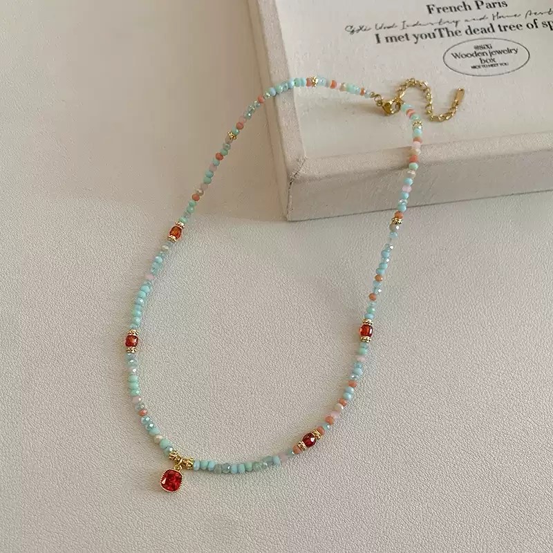 Summer 2025 Women's Blue Crystal Beaded Necklace – Elegant Minimalist Layered Choker Collarbone Chain, Luxury Boho Jewelry Gift for Her, Trendy Lightweight Beach & Party Accessories