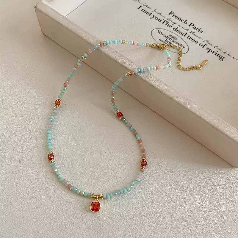 Summer 2025 Women's Blue Crystal Beaded Necklace – Elegant Minimalist Layered Choker Collarbone Chain, Luxury Boho Jewelry Gift for Her, Trendy Lightweight Beach & Party Accessories