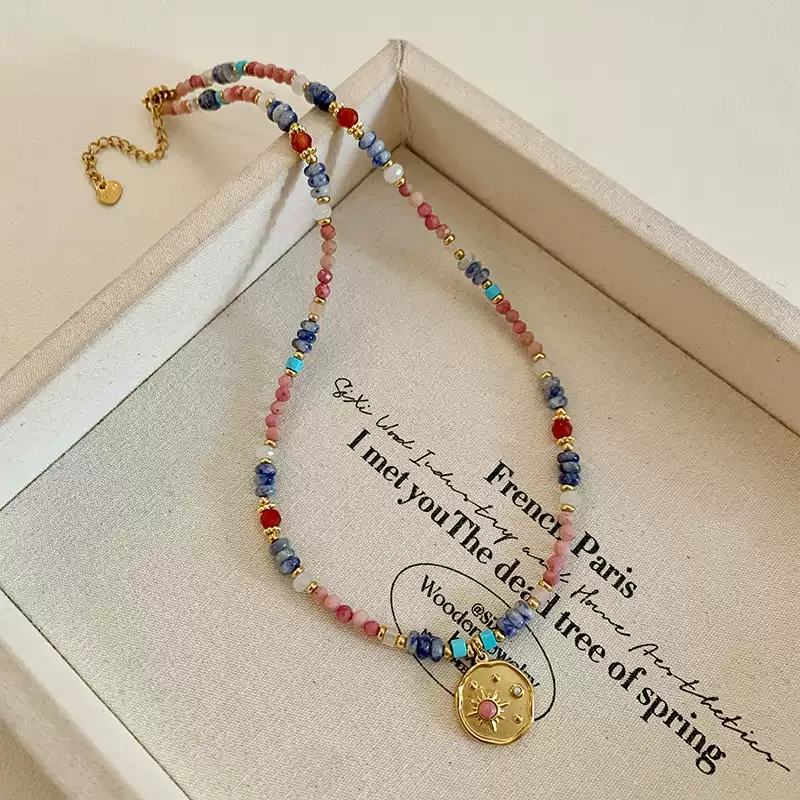2025 New Arrival: Pink Natural Stone & Crystal Necklace with Pendant - Luxe Lockbone Chain for Women