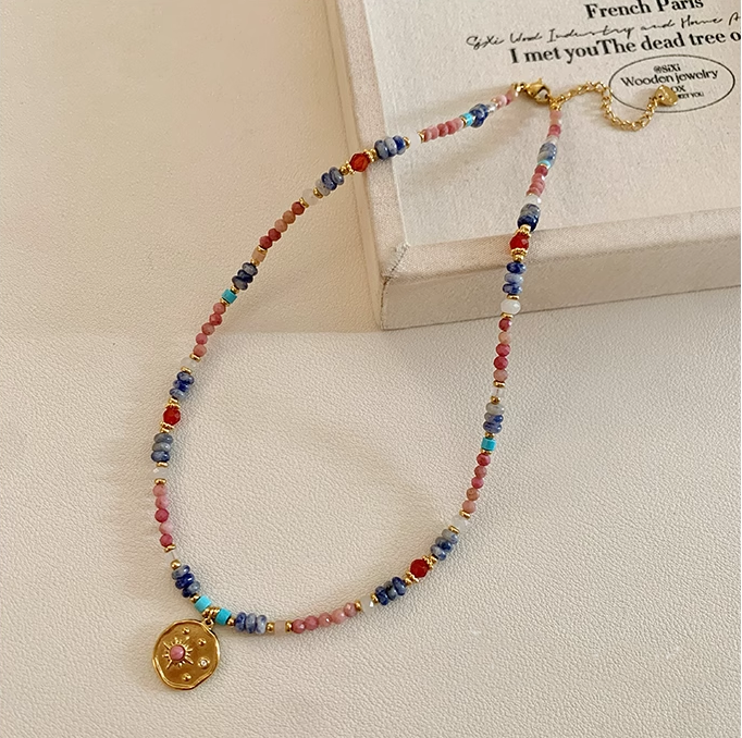 2025 New Arrival: Pink Natural Stone & Crystal Necklace with Pendant - Luxe Lockbone Chain for Women