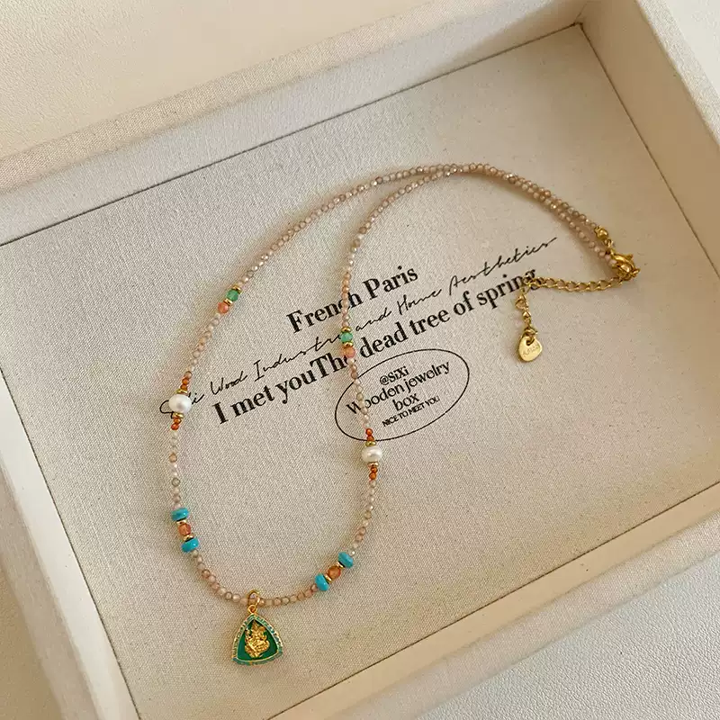 2025 New Arrival Turquoise Crystal Pearl Beaded Pendant Necklace for Women, Luxurious and Chic Collarbone Chain
