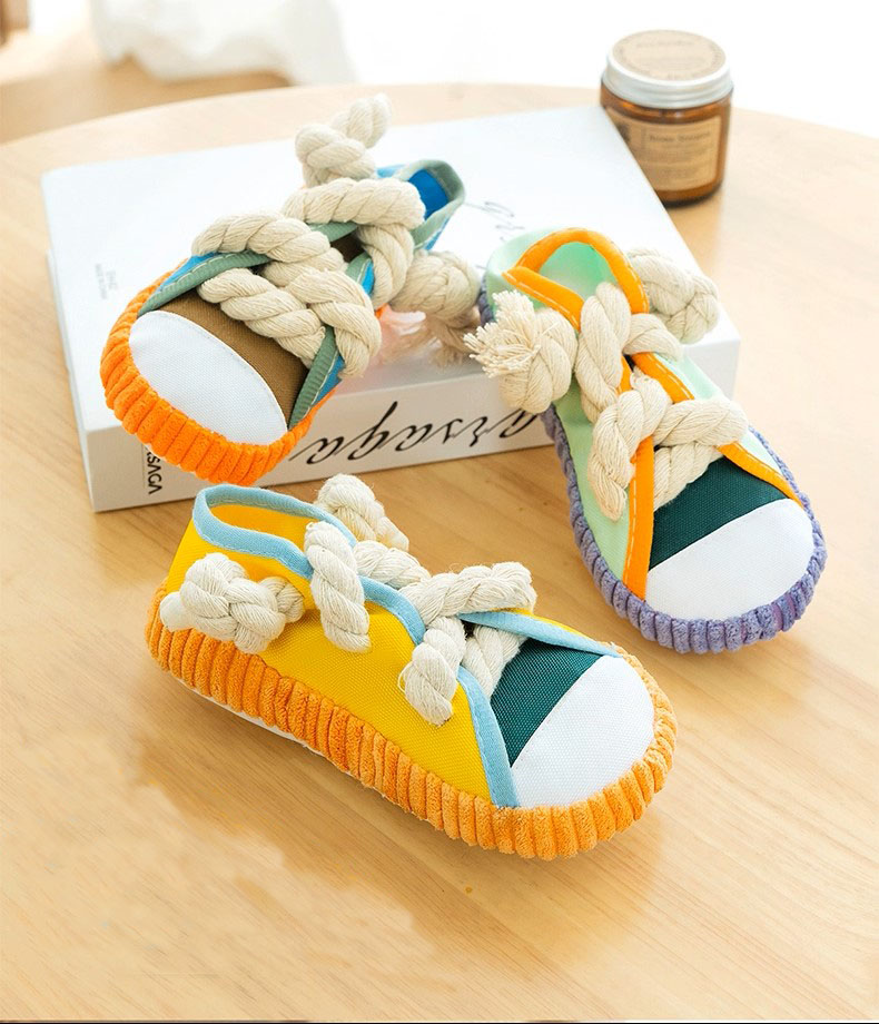 Durable Dog Chew Toy Squeaky Shoe with Cotton Rope Knot for Small Breed Puppies Teething Training and Play