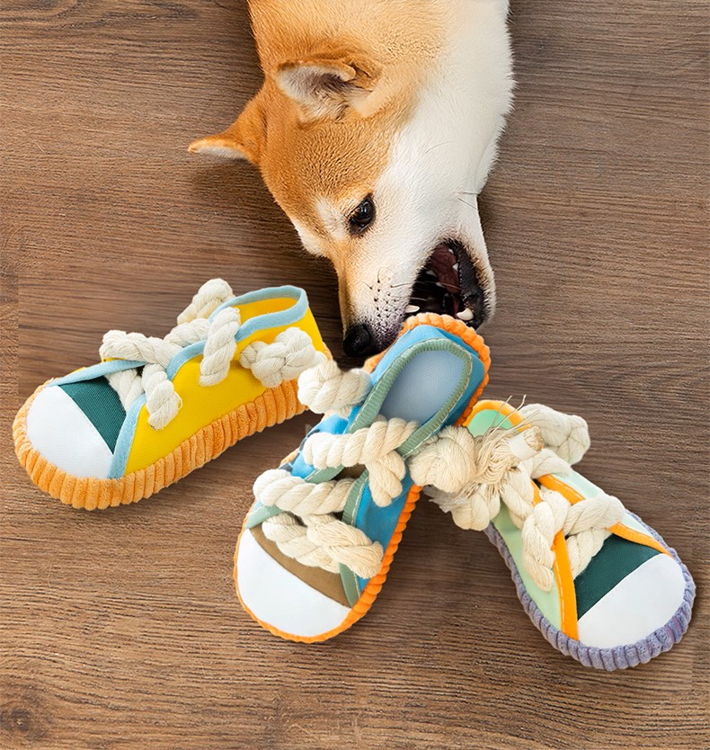 Durable Dog Chew Toy Squeaky Shoe with Cotton Rope Knot for Small Breed Puppies Teething Training and Play