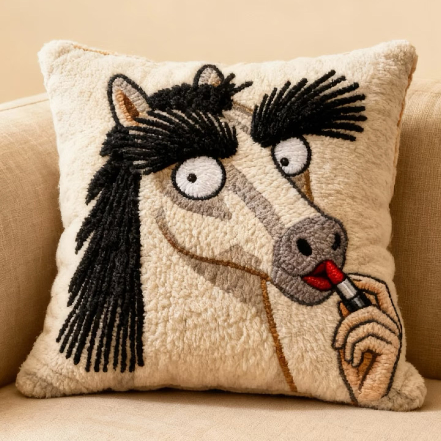 Funny Plush Embroidery Horse Sofa Pillow, Cute Horse Throw Pillow, Animal Art Cushion, Western Farm Decor, Vintage Style Home Pillow