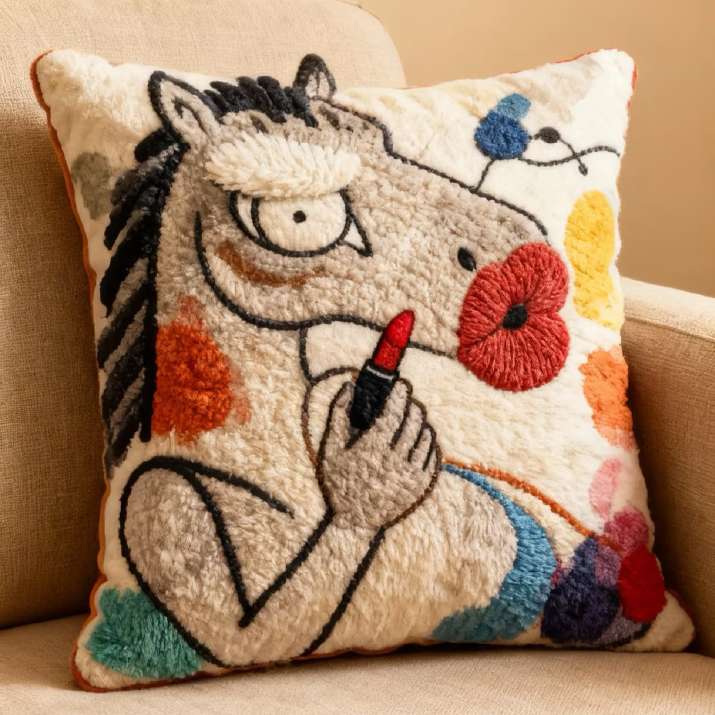 Funny Plush Embroidery Horse Sofa Pillow, Cute Horse Throw Pillow, Animal Art Cushion, Western Farm Decor, Vintage Style Home Pillow
