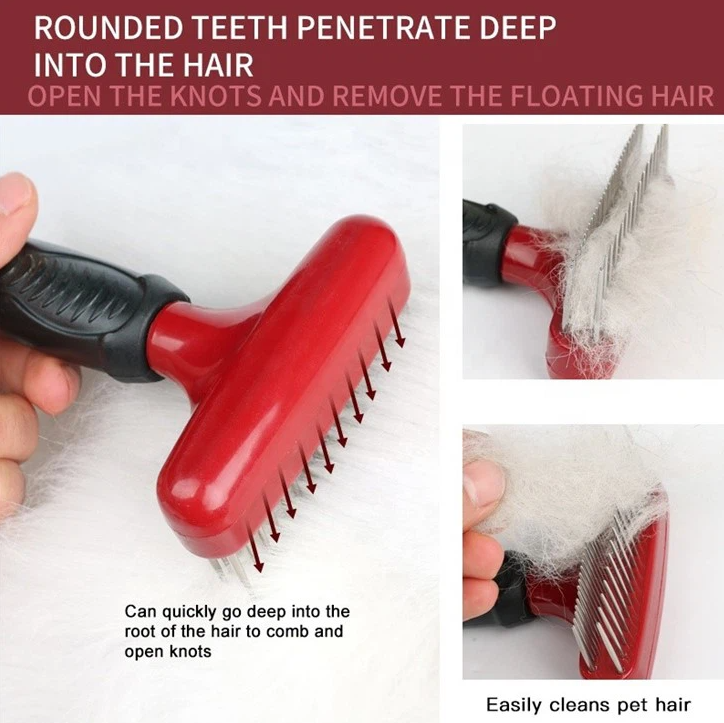 Red Plastic Pet Detangler Needle Brush Cat Dog Grooming Rake Brush